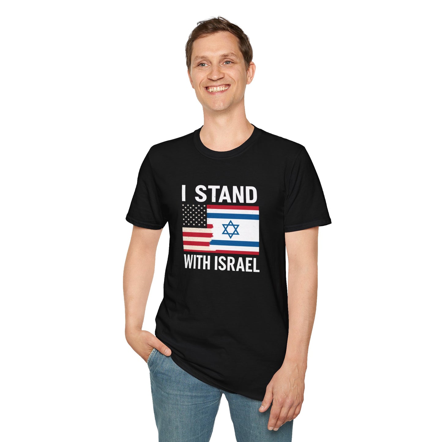 Show your solidarity with this striking “I Stand With Israel” Unisex Softstyle T-Shirt.